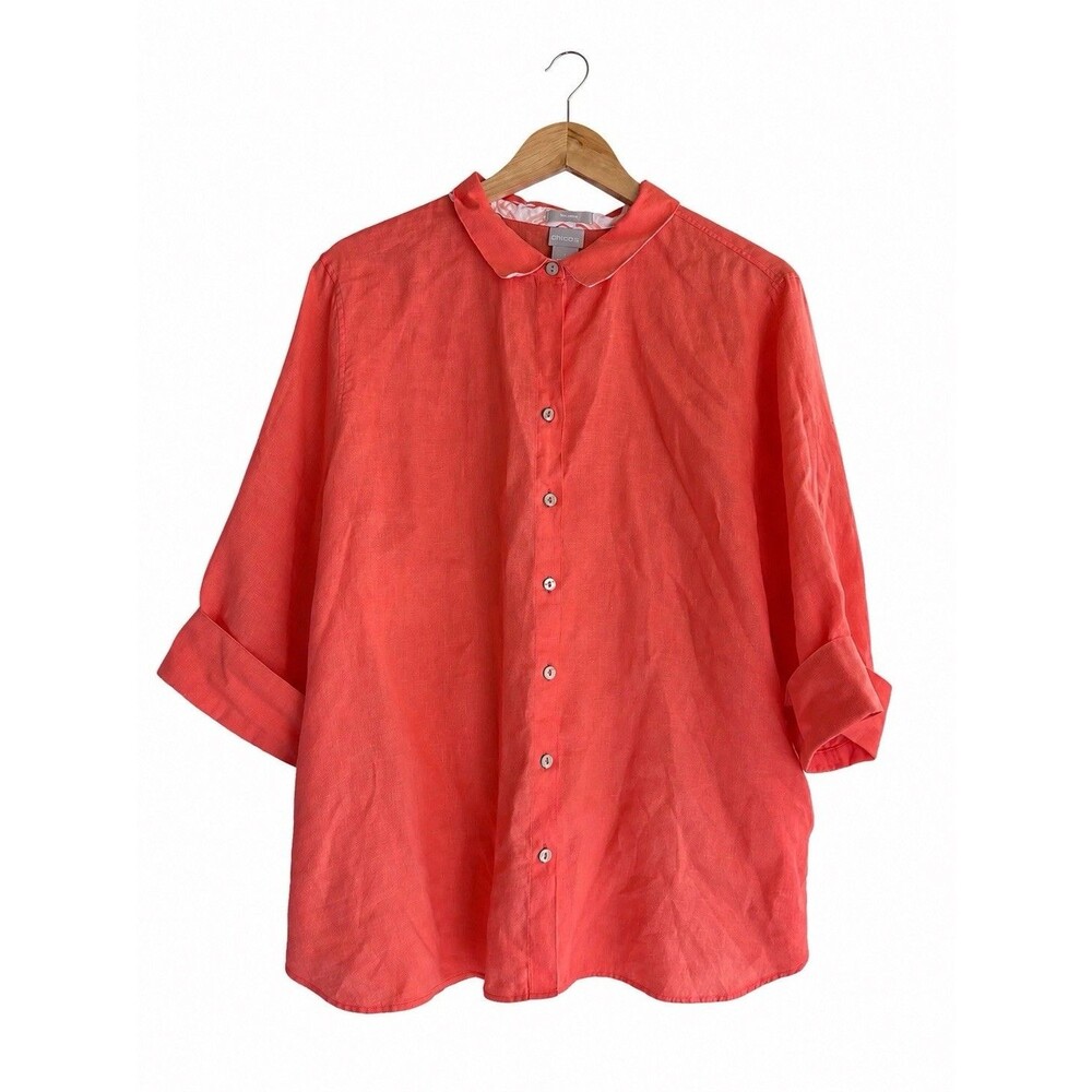 Chicos No Iron Linen Shirt Size 4 US 20 Coral Orange 3/4 Sleeve Button Up Top